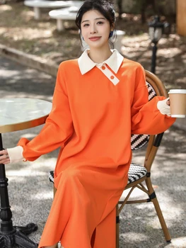2023 Зимнее Новое Корейское Женское Платье Vestidos Robe Elbise Свободного Размера С Отложным Воротником И Длинным Рукавом, Длинные Платья
