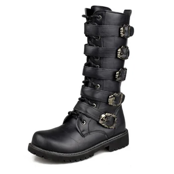 2023 Мужские кожаные женские байкерские ботинки армейские армейские ботинки до середины икры с готическим поясом, байкерские ботинки в стиле панк, тактические армейские ботинки