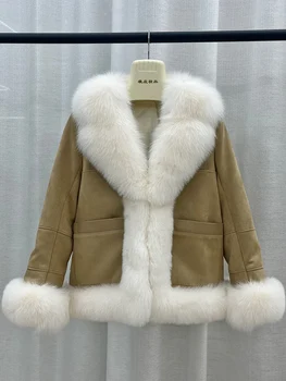 2023 Пальто из натурального меха, куртка на Белом Утином пуху, Зимняя женская куртка с воротником из натурального Лисьего меха, Толстая верхняя одежда, теплая