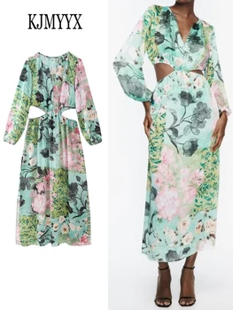 KJMYYX 2023 Женское модное открытое платье с принтом, Летние облегающие платья с длинным рукавом и V-образным вырезом, женские вечерние платья-карандаш
