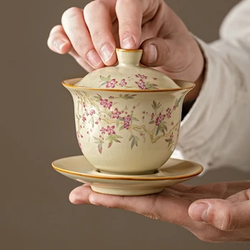 Ru Yao Керамический Гайвань Для чая, Супница с цветами персика, Набор чайной посуды, Китайская Антикварная Чайная чаша, Желтый Чаван