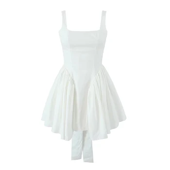 YENKYE 2023 Женское сексуальное белое платье-слинг с нерегулярным бантом на спине, без рукавов, с низкой талией, женские хлопковые летние мини-платья