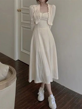 Абрикосовое платье-комбинация с рукавом-бабочкой, Открытая строчка, женский комплект одежды из 2 предметов, Летние элегантные длинные платья 2023, женская одежда