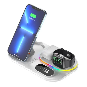 Беспроводная Зарядная Станция RGB Мощностью 30 Вт Со Светодиодным Дисплеем Времени QC3.0 Для Быстрой Зарядки iPhone 14 13 12 11 X Apple Samsung Watch