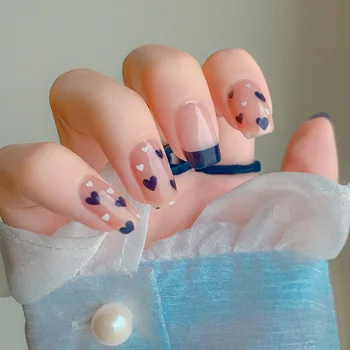 Бесцветная наклейка для наращивания ногтей Синяя французская прозрачная наклейка для ногтей в форме сердца, Водонепроницаемая накладка для ногтей