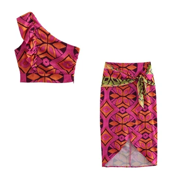 Женская летняя мода TRAF, юбка Миди с геометрическим принтом и бантом сбоку, женские повседневные платья Faldas Mujer на молнии сзади
