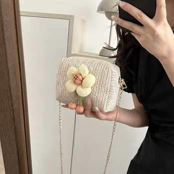Женские сумки с верхней ручкой, Летняя цветочная сумка через плечо, плетеная из соломы, модная простая элегантная повседневная пляжная соломенная сумка ручной работы