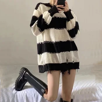 Женский свитер в черно-белую полоску, осень 2022, Новая Корейская серия, Свободная верхняя одежда в стиле Idle, весна и осень, длинный рукав