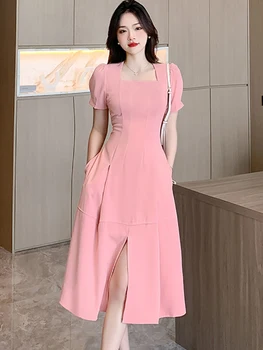 Женское Розовое Длинное платье с коротким рукавом и квадратным воротником 2023 Элегантное платье для официальных мероприятий Летние Корейские вечерние платья в обтяжку