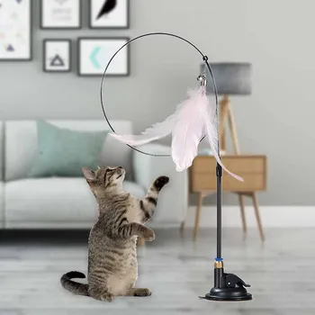 Забавная игрушка-кошка, Очаровательное Пушистое перо с колокольчиком, присоска, игрушка-палочка для кошек, Интерактивная съемная палочка для самостоятельной игры с котенком