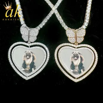 Изготовленное на заказ ожерелье с фотомедальоном для женщин, вращающийся кулон с изображением сердца, бабочка, украшения в стиле хип-хоп под залог.
