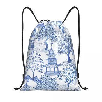 Изготовленные на заказ сумки с завязками Pagoda Forest Для женщин и мужчин, легкий синий рюкзак для хранения в спортивном зале Delft Vintage Chinoiserie