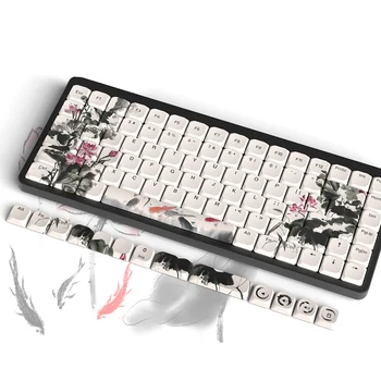 Колпачки для клавиш Lotus Pond Carp в китайском чернильном стиле из PBT для низкопрофильного переключателя 61 64 66 68 84 87 96 98 104 108 Механическая клавиатура с раскладкой