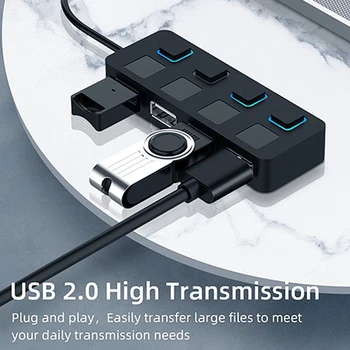 Концентратор USB 2.0, 4 порта, USB-переключатель включения / выключения, разветвитель, расширитель с независимой быстрой передачей данных со скоростью 480 Мбит / с, адаптер для ПК-компьютера