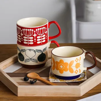 Креативная керамическая кружка с ручной росписью в скандинавском стиле, фарфоровая кофейная чашка и блюдце, чашка для послеобеденного чая с ручкой, столовые приборы для чашки
