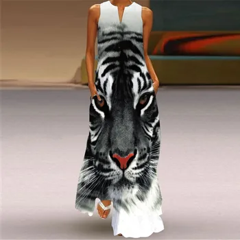 Летнее сексуальное женское длинное платье без рукавов с тигровым принтом, модный V-образный вырез с карманами, свободное платье макси, повседневные пляжные платья
