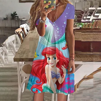 Летнее удобное платье с принтом русалки Disney, женское мини-платье с короткими рукавами, повседневное модное свободное женское платье в стиле ретро с V-образным вырезом