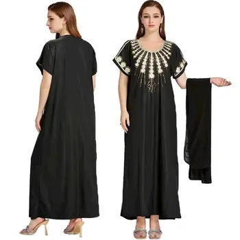 Летний женский халат с вышивкой, мусульманское платье Абайя, Исламский арабский кафтан, платье с коротким рукавом, повседневное платье L-2XL