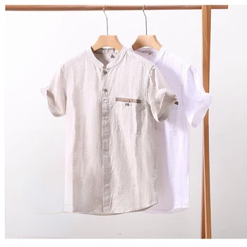 Льняная рубашка в стиле шинуазри со стоячим воротником и коротким рукавом, летняя Новая однотонная повседневная молодежная рубашка с простым карманом, модный дышащий топ