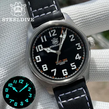 Механические часы STEELDIVE Pilot Для мужчин, кожа, Сапфировое стекло, водонепроницаемые мужские часы Pilot Watch NH35, автоматические часы для дайвинга, 200 м