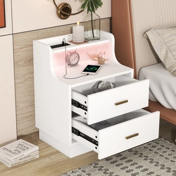 Многофункциональная тумбочка с 2 выдвижными ящиками, полкой с USB-зарядкой и светодиодом, меняющим цвет, для мебели в помещении, белый
