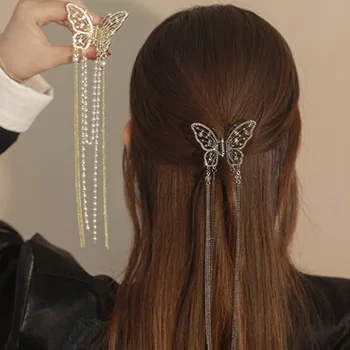 Модные золотые волосы-бабочки, жемчужная заколка для волос с бабочкой, заколки для волос с бантом Для женщин и девочек, длинные аксессуары для волос с подвесками