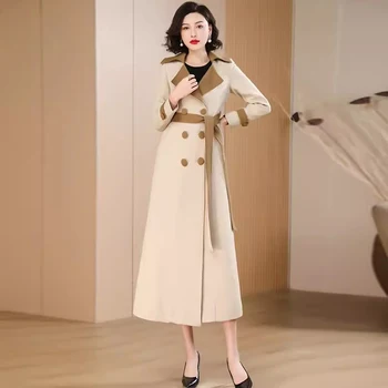 Новый женский длинный тренч в английском стиле, весенне-осеннее модное элегантное пальто в стиле пэчворк контрастного цвета с воротником для костюма, тонкое пальто