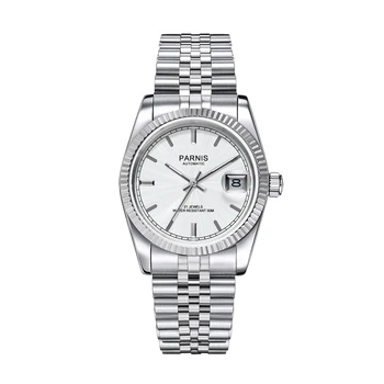 Новый отель Parnis 36 мм Серебряный циферблат мужские часы люксовый бренд автоматические женщин элегантный Алмазный Браслет из нержавеющей стали механические часы