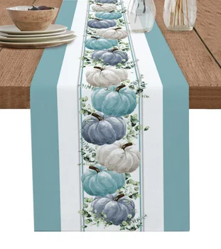 Осенняя голубая льняная скатерть в виде тыквы, декор кухонного стола, многоразовые скатерти в стиле фермерского дома для обеденного стола, свадебные украшения