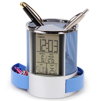 Офисный ЖК-будильник, отображение времени и температуры, держатель ручки, карандаш, настольный органайзер, светодиодные Цифровые часы, столы для ванной Комнаты, Настольные часы