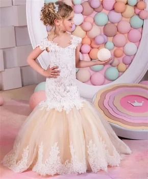 Платье с цветочным узором для девочки, Пышное тюлевое кружевное платье с рыбьим хвостом, Свадебное Элегантное платье для Первого Евхаристического праздника для ребенка в цветочек, подарок для принцессы