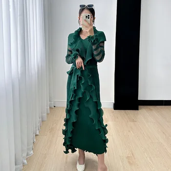 Плиссированное платье Miyake, комплект из двух предметов, осень 2023, Новое однотонное элегантное платье-майка + ветровка с длинным рукавом