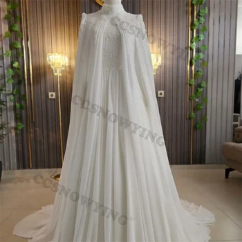 Роскошное мусульманское свадебное платье из шифона, расшитое бисером, для невесты, арабское свадебное платье с длинным рукавом, Хиджаб с высоким воротом, халат De Soirée De Mariage