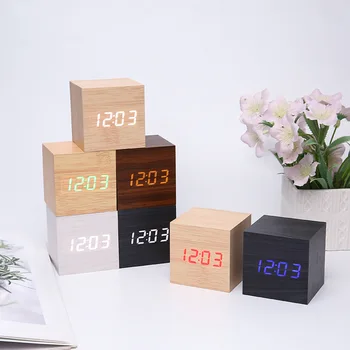Светодиодные деревянные часы с интеллектуальным голосовым управлением, компактный квадратный цифровой дисплей температуры и влажности, электронный будильник