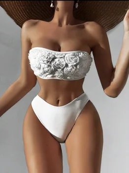 Сексуальное бикини-бандо 2023, женский однотонный белый купальник с 3D-цветами, дизайнерский купальник с эффектом пуш-ап, летний купальник с высокой талией, купальники