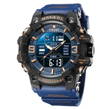 Спортивные часы Smael Мужские военные часы с двойным временем, цифровые светодиодные часы, мужские водонепроницаемые наручные часы с двойным дисплеем, мужской секундомер 8049