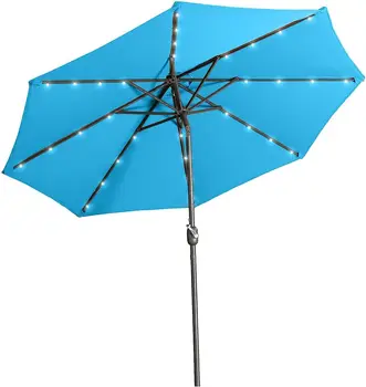 Уличный зонт Aok Garden со светодиодной подсветкой, 9-футовый зонт для патио на солнечной батарее с кнопкой наклона и вентиляцией с помощью кривошипного подъема