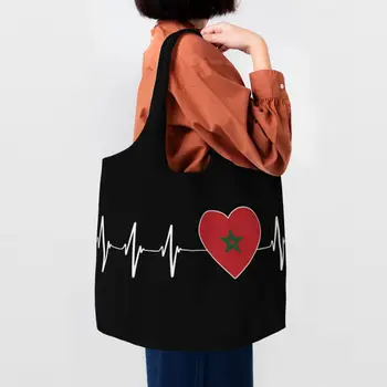 Флаг страны Сердцебиение Марокко, продуктовая сумка для покупок, холщовые сумки для покупок через плечо, большая вместительная семейная сумочка в виде Марокканского сердца