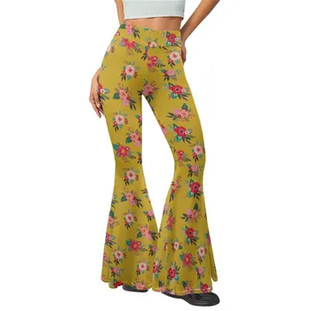 Элегантные женские брюки-клеш с высокой талией и этническим цветочным узором, расклешенные брюки для йоги, расклешенные леггинсы