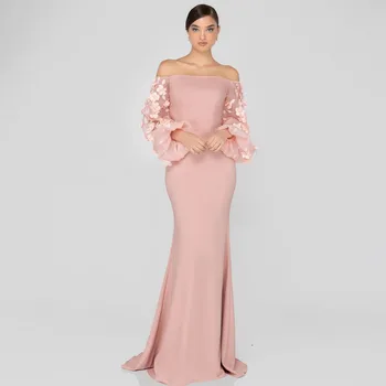 Элегантные розовые вечерние платья Русалки для женщин с вырезом лодочкой, пышными длинными рукавами Длиной до пола, аппликациями и цветами, вечерние платья для выпускного вечера